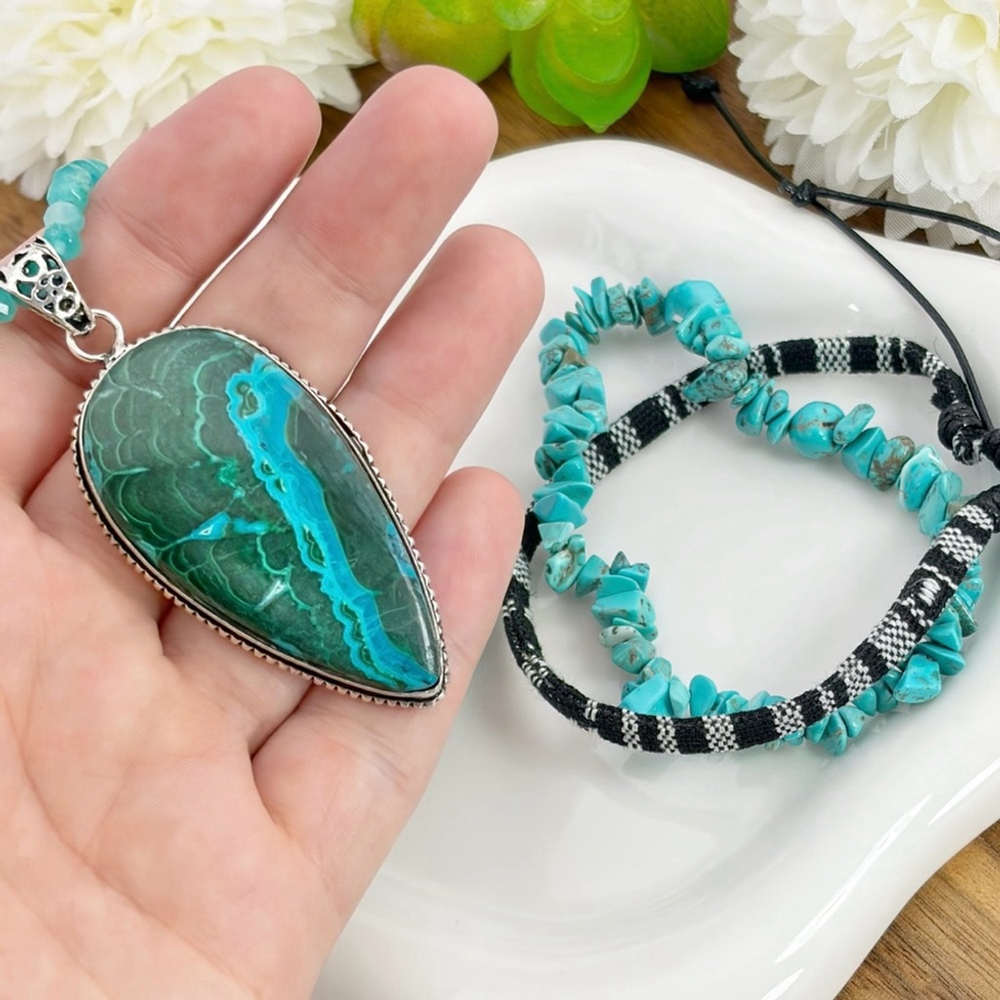 XL Malachite Chrysocolla Pendant Jewelry Set Jewelry Lot Handmade by New 925